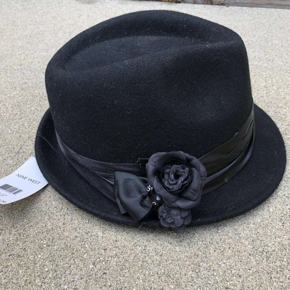 NINE WEST 100% Wool Fedora Hat Women's One Size Black Floral Cap Brand New